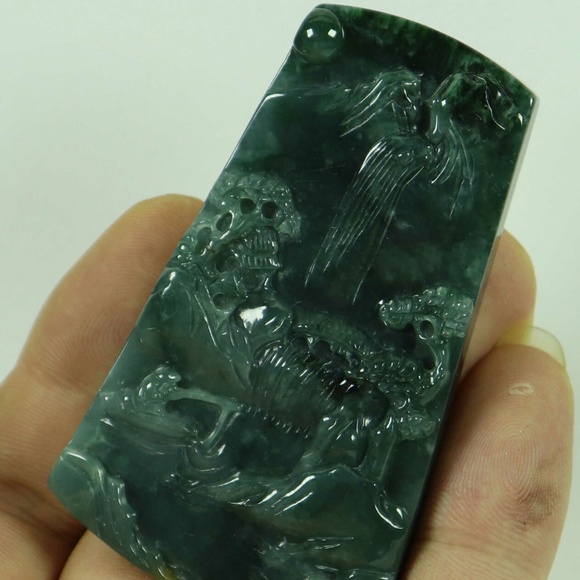 Dark Green Natural A JADE jadeite Two-sided Carved Pendant 山水 1898-2 - Picture 4 of 9